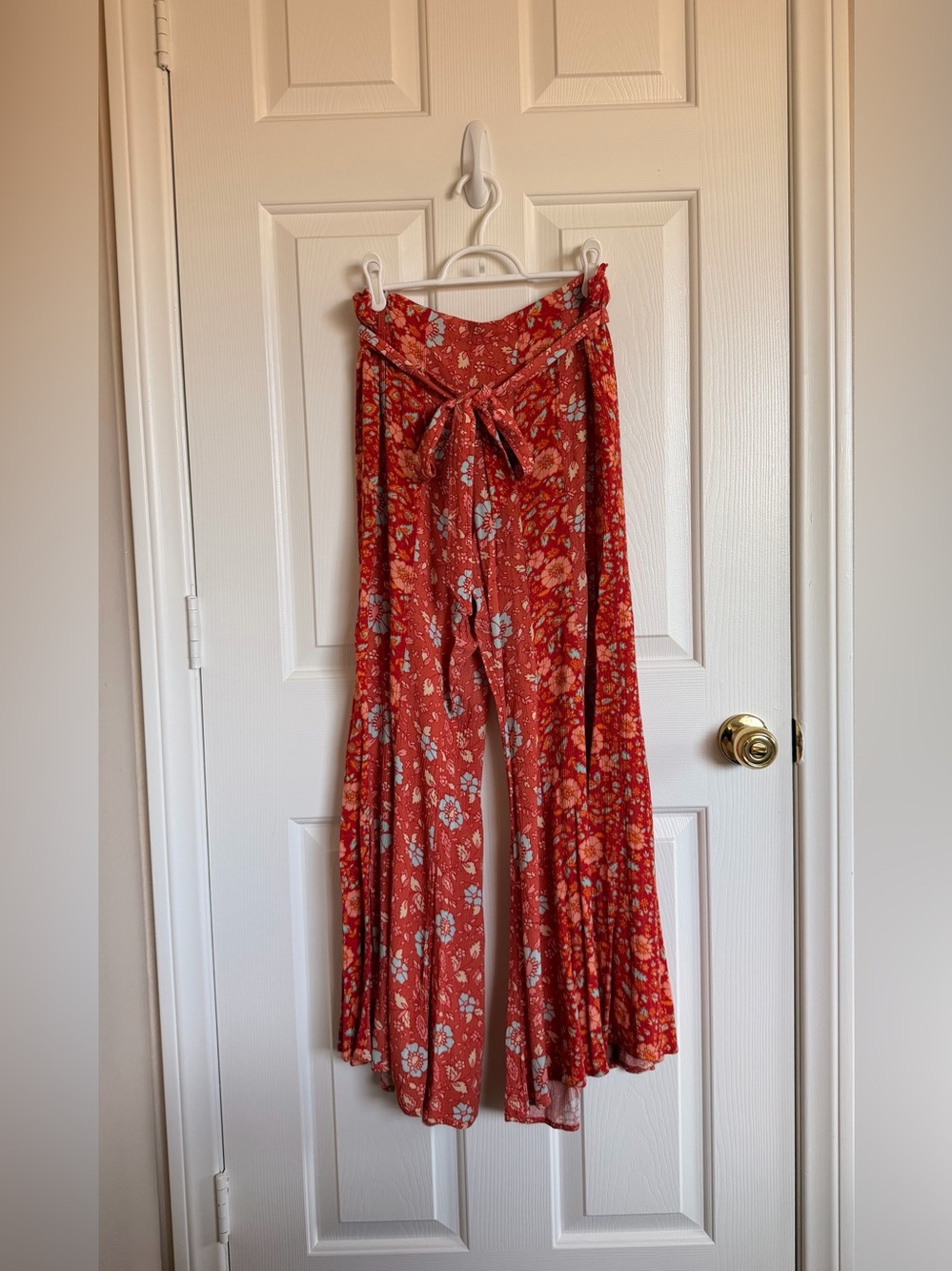 Free People Floral Wide-Leg Tie Waist Pants — Orange Multicolor Floral